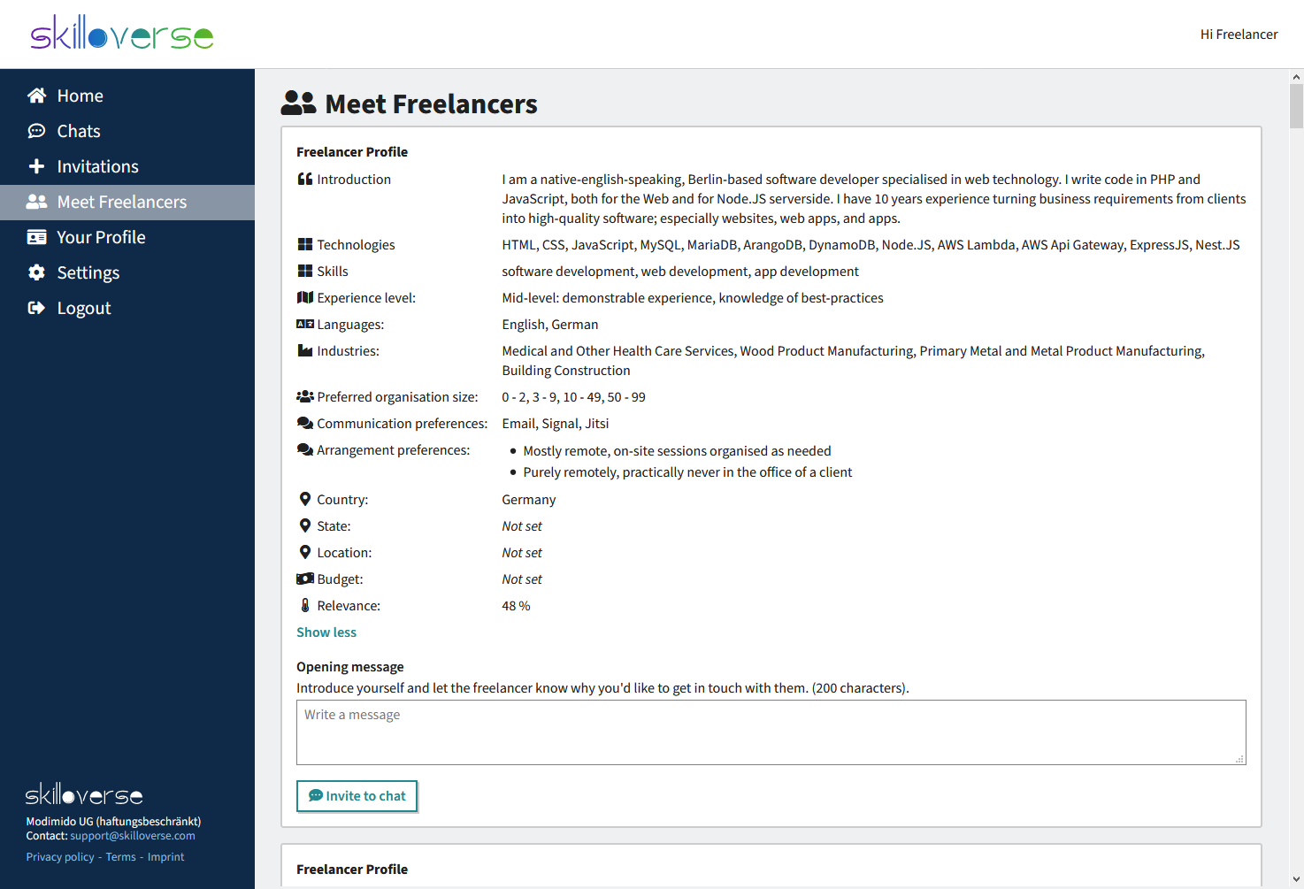 Screenshot showing Meet Freelancers capability of Skilloverse